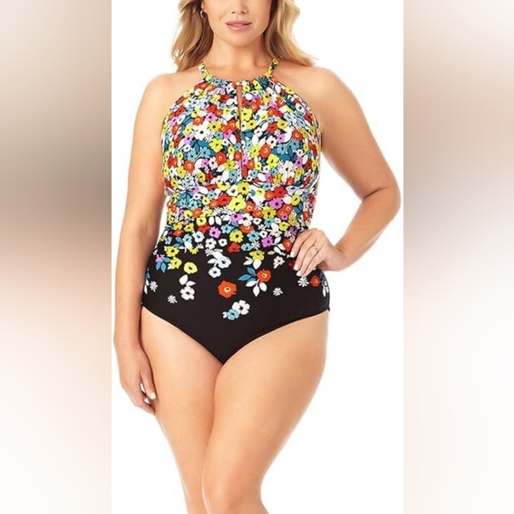 Anne Cole Women's Ditsy Floral High Neck Halter One-Piece Swimsuit Sz 16